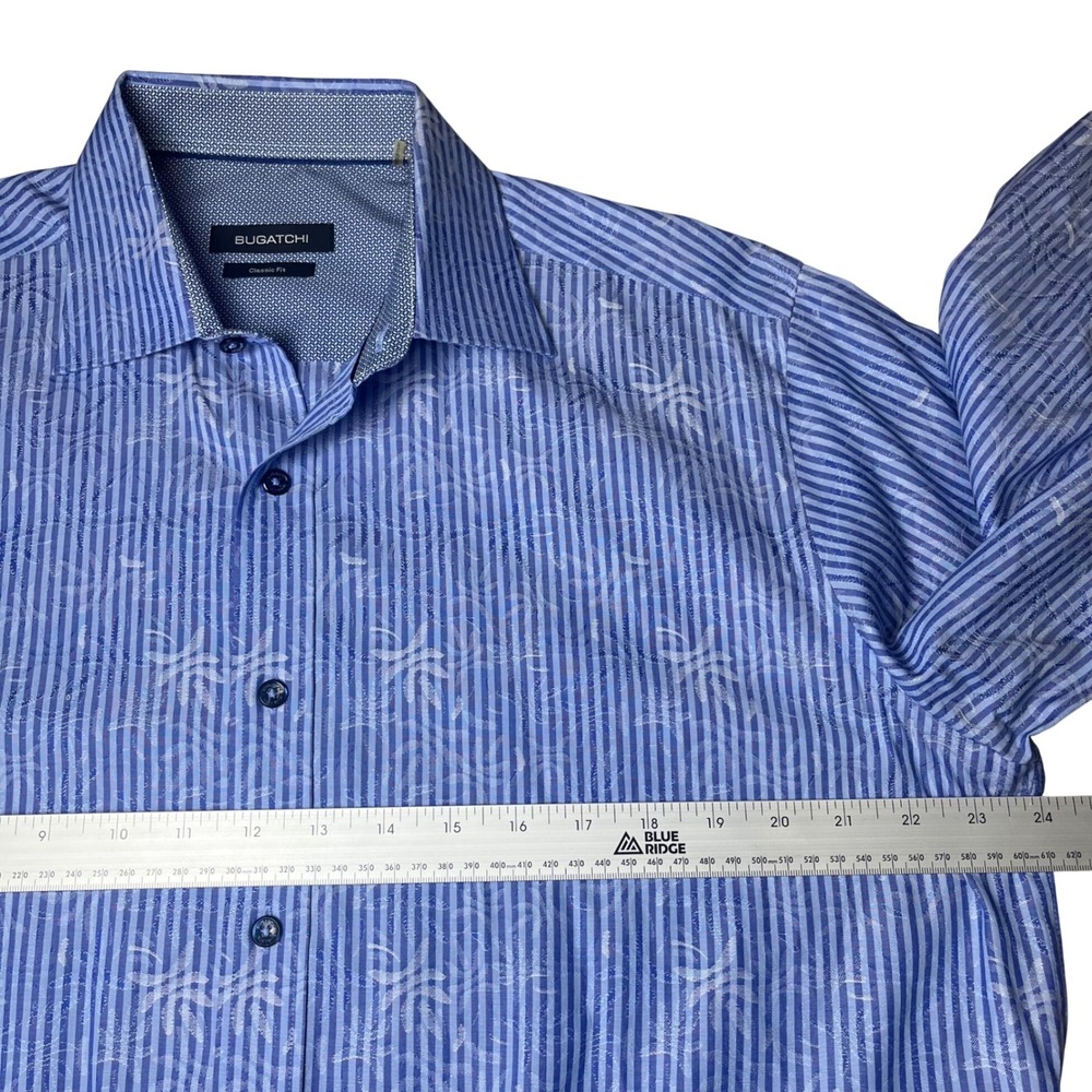 Bugatchi Button Down Shirt Mens Medium Blue Striped Jacquard Classic Fit LS - Picture 7 of 8